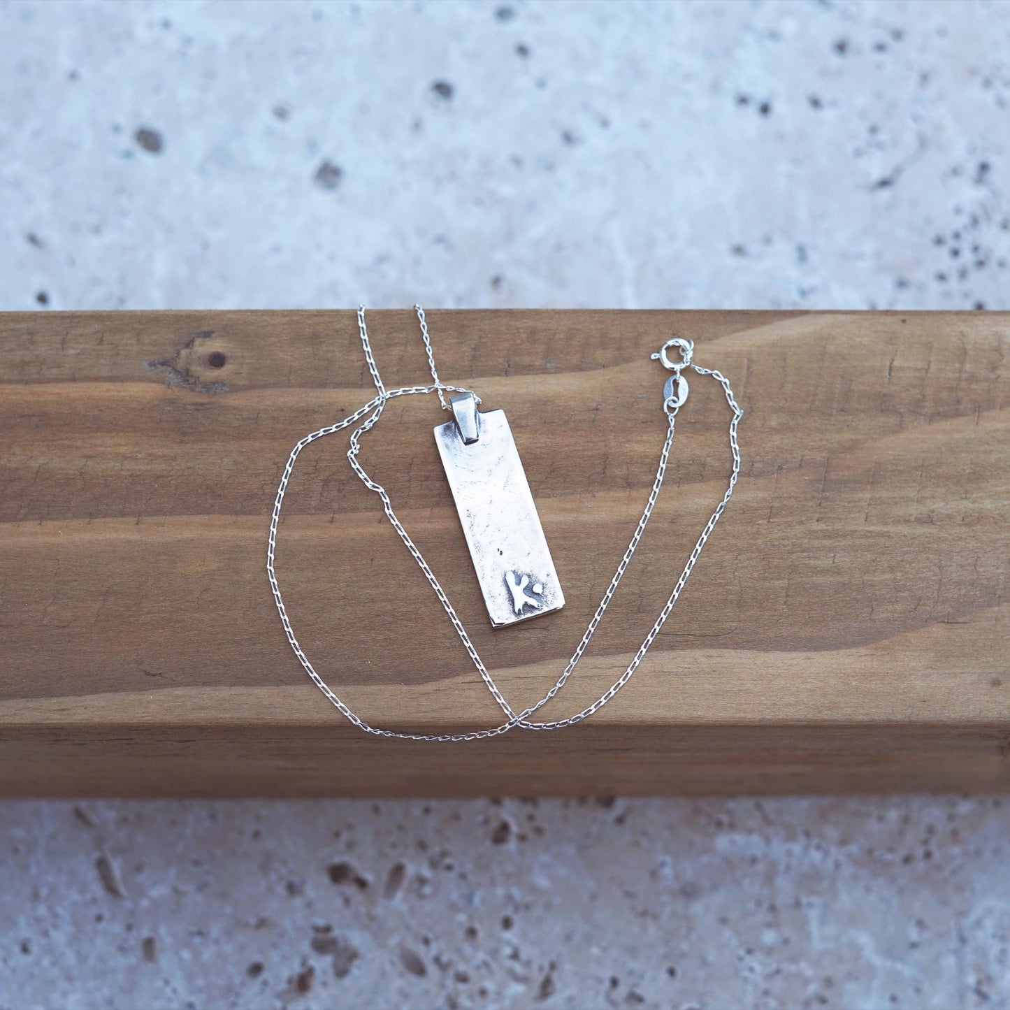 Sterling Silver Tree Bark Necklace: Handmade Rectangular Pendant