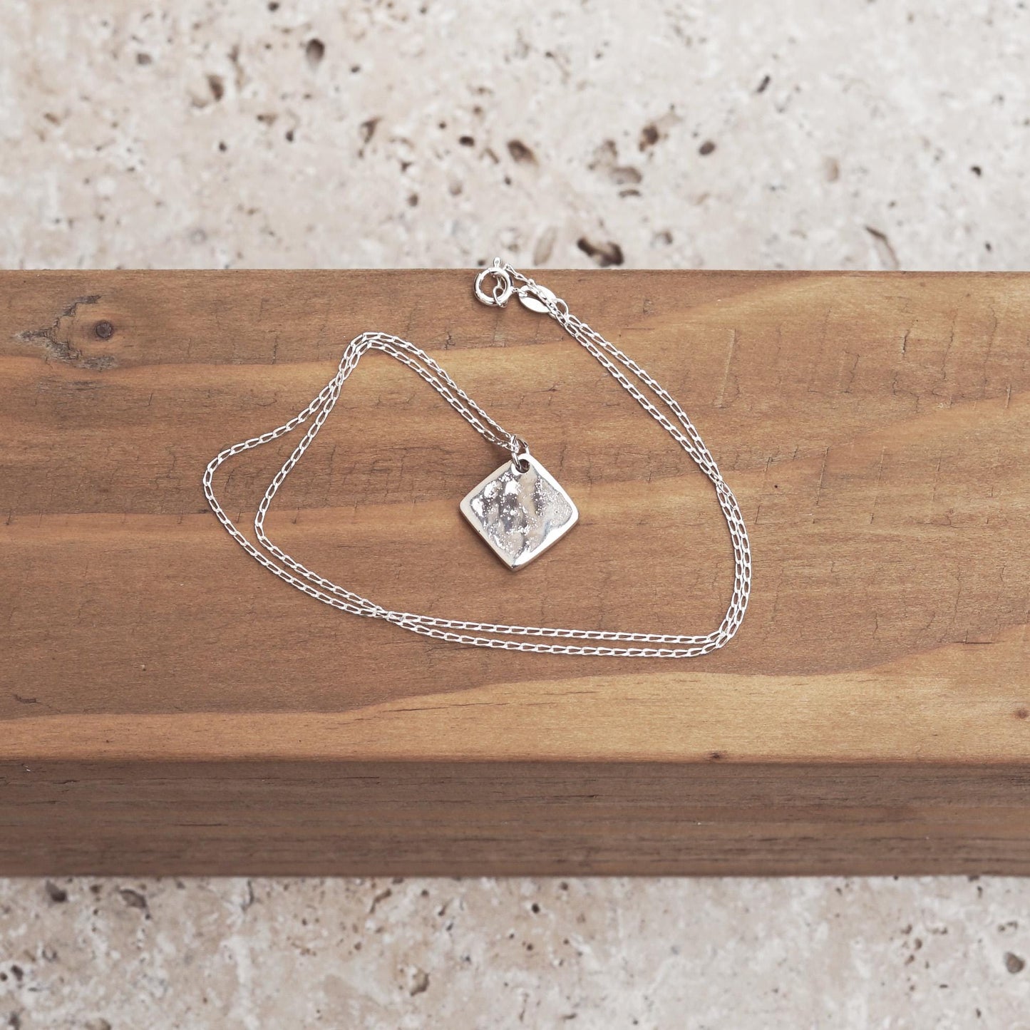 925 Silver square necklace with deep teal enamel | Handmade minimalist and elegant pendant