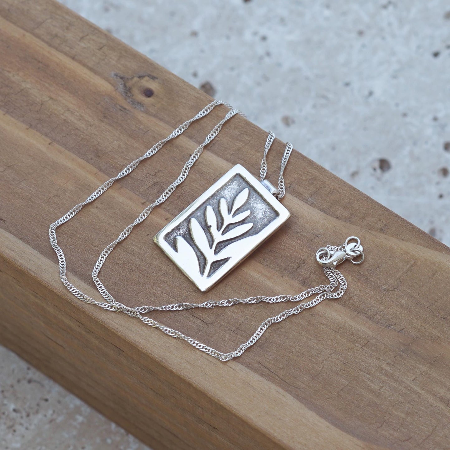 Rectangle Pendant with Fern Leaf | .925 Silver Nature Necklace | Handmade Jewelry