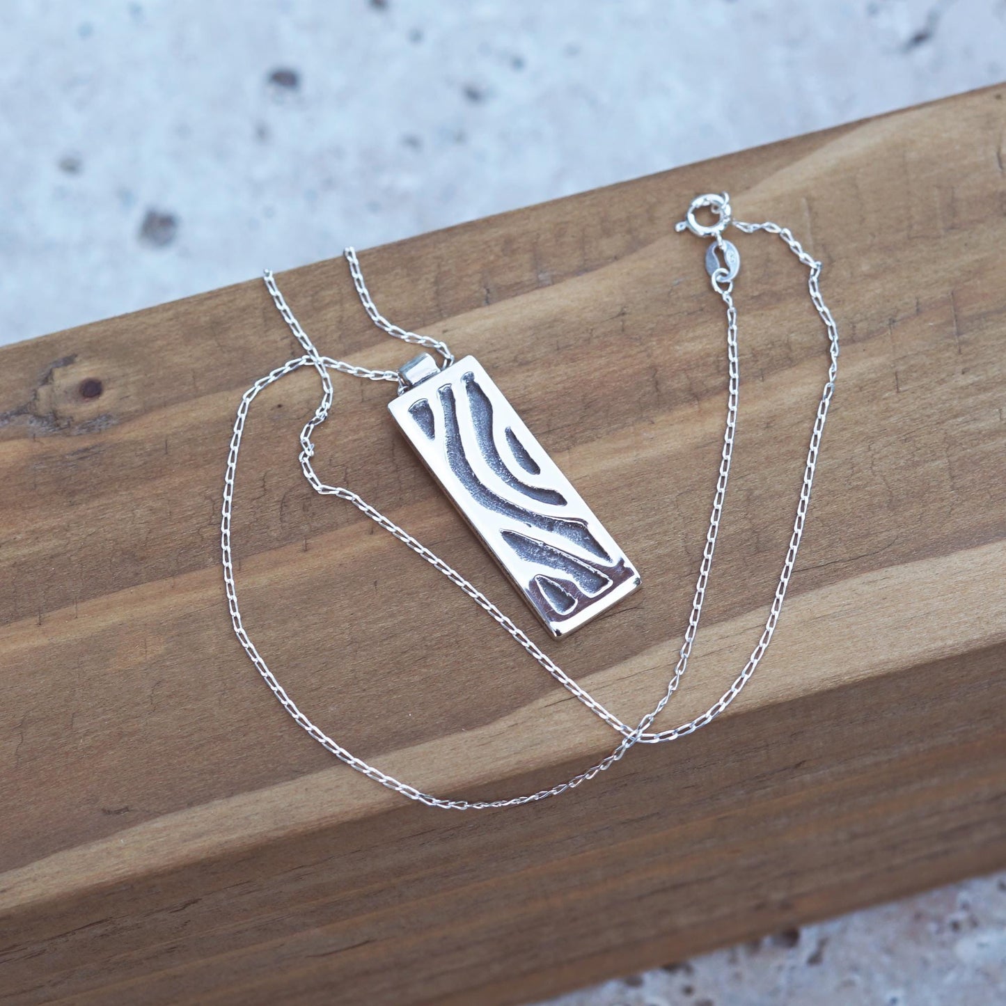 Sterling Silver Tree Bark Necklace: Handmade Rectangular Pendant