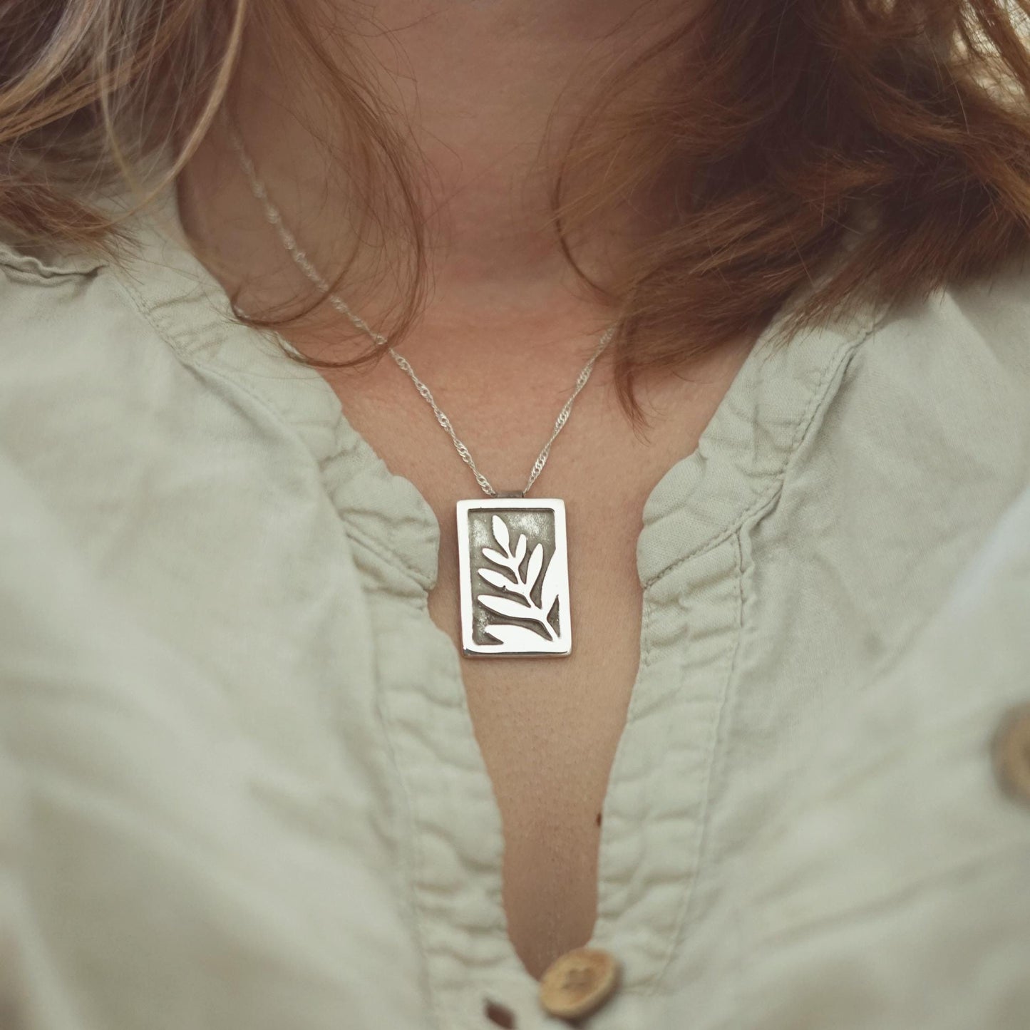 Rectangle Pendant with Fern Leaf | .925 Silver Nature Necklace | Handmade Jewelry