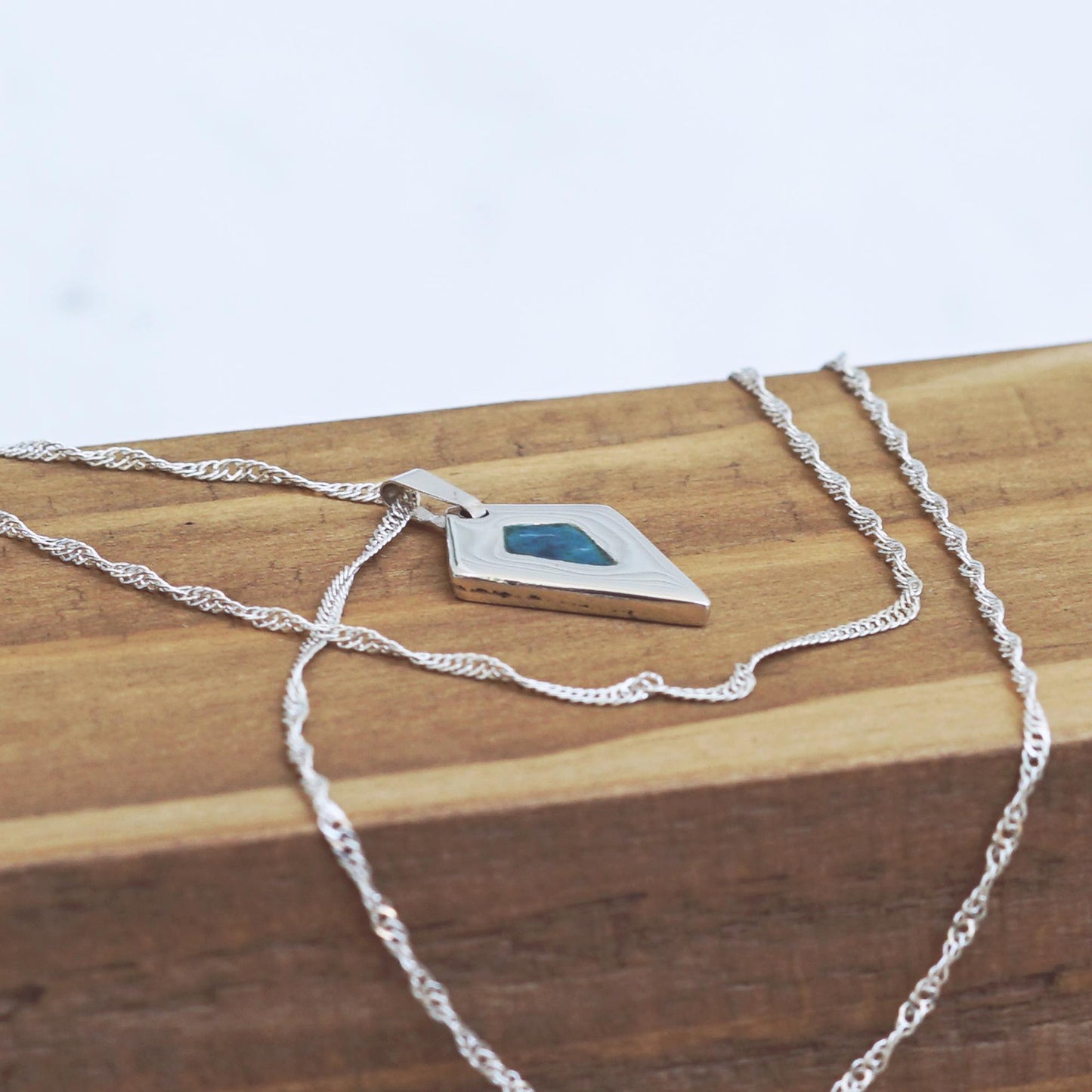 925 Silver diamond shaped necklace with deep teal enamel | Handmade minimalist and elegant pendant