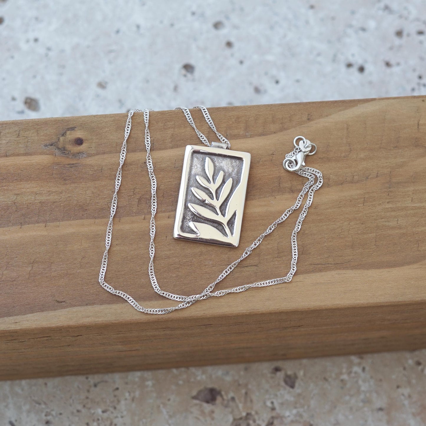 Rectangle Pendant with Fern Leaf | .925 Silver Nature Necklace | Handmade Jewelry