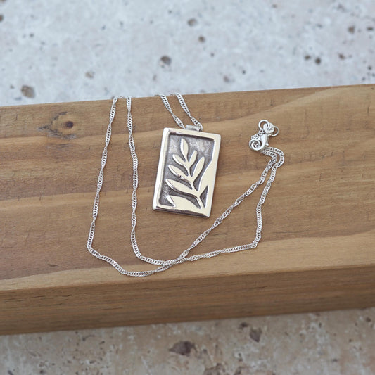 Rectangle Pendant with Fern Leaf | .925 Silver Nature Necklace | Handmade Jewelry