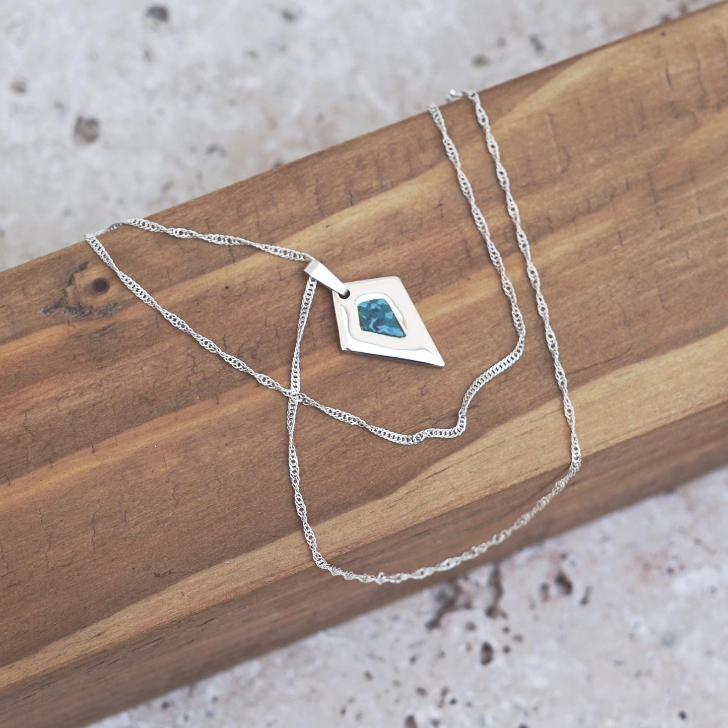 925 Silver diamond shaped necklace with deep teal enamel | Handmade minimalist and elegant pendant