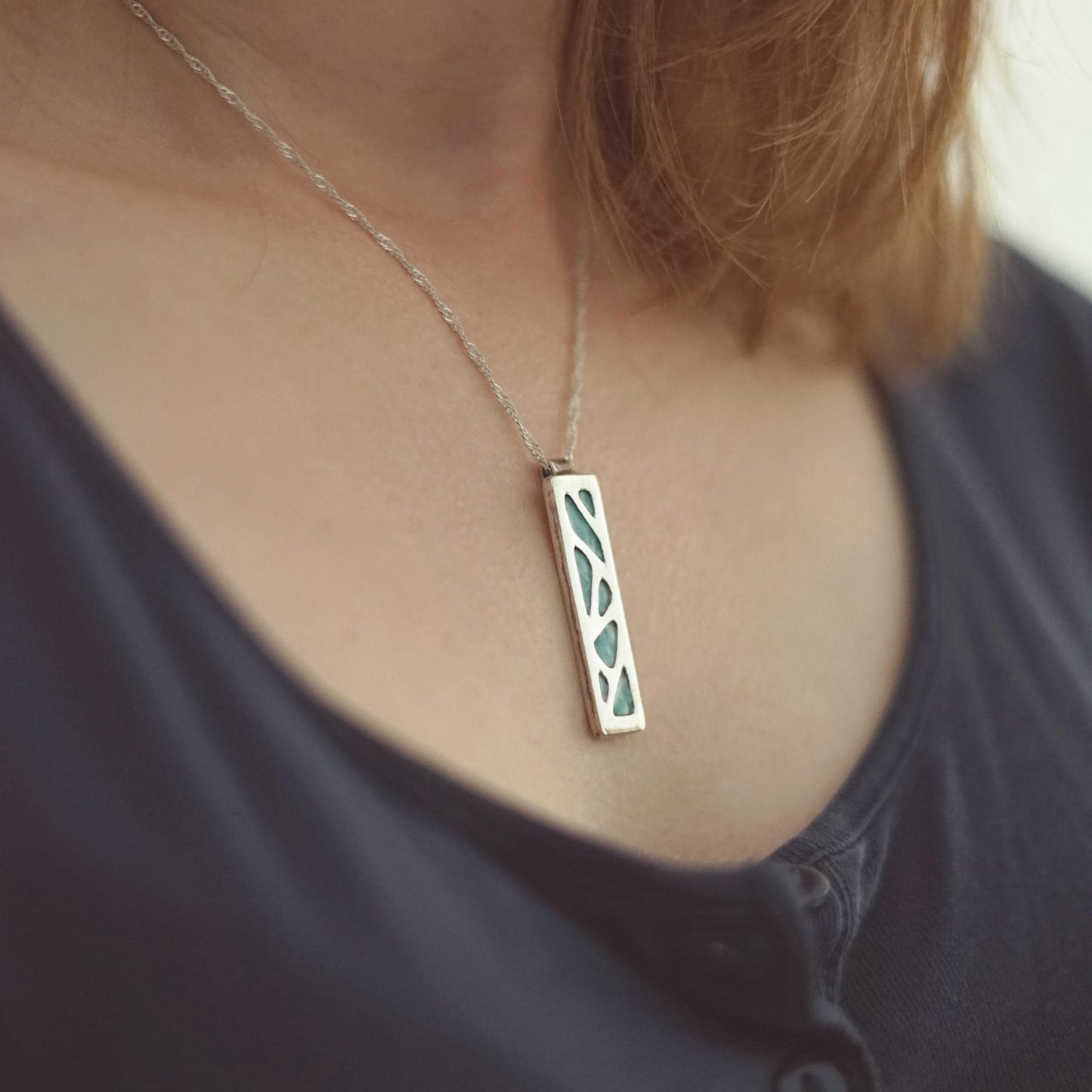 Rectangle Silver Pendant | Abstract Pattern with Turquoise Enamel | Handmade 925 Silver Necklace