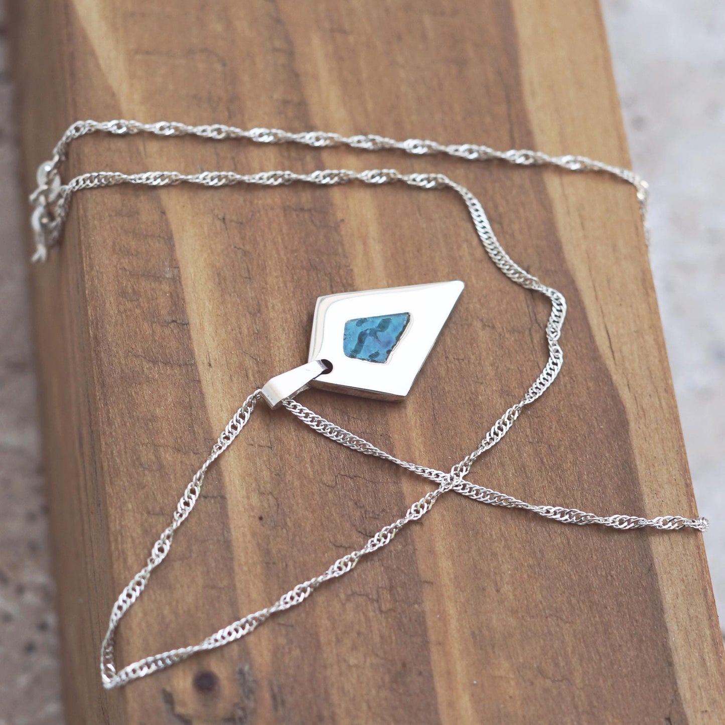 925 Silver diamond shaped necklace with deep teal enamel | Handmade minimalist and elegant pendant