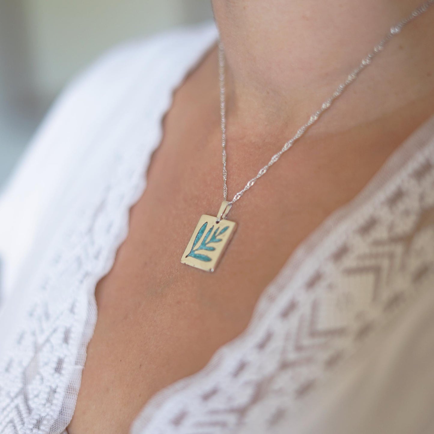 Fern Leaf Pendant with Turquoise Enamel | .925 Sterling Silver Handmade Necklace