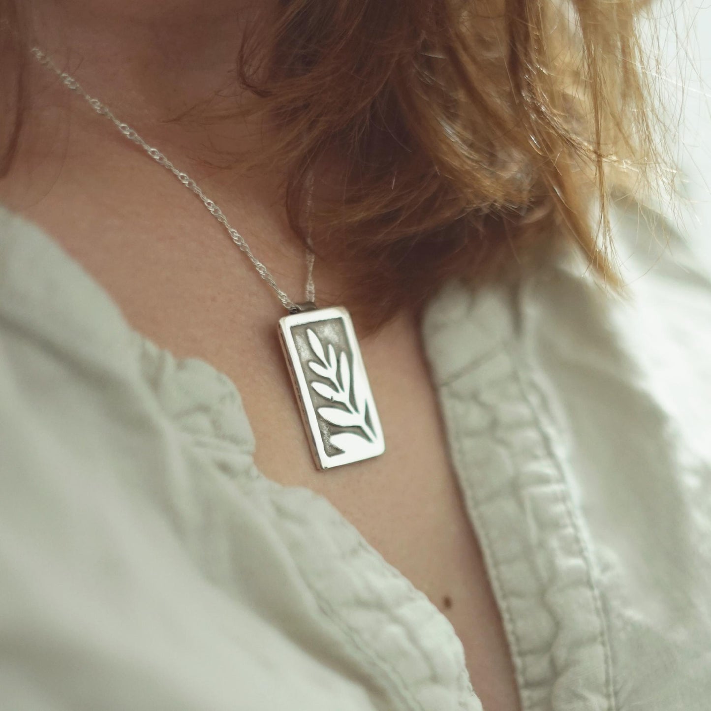 Rectangle Pendant with Fern Leaf | .925 Silver Nature Necklace | Handmade Jewelry
