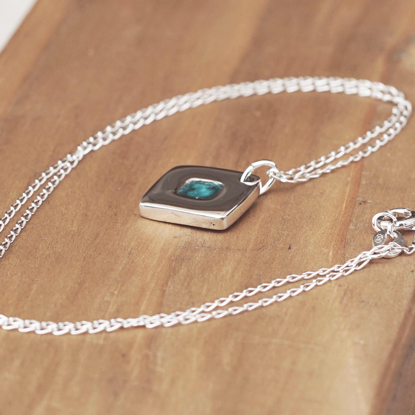 925 Silver square necklace with deep teal enamel | Handmade minimalist and elegant pendant