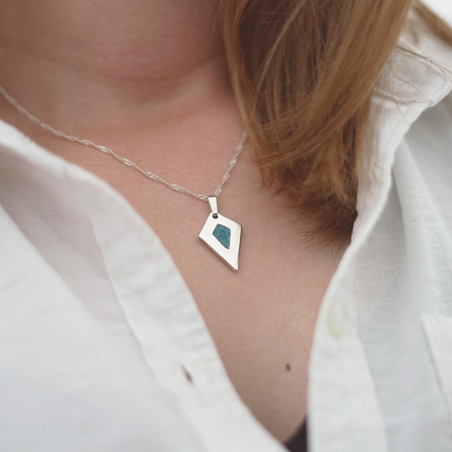 925 Silver diamond shaped necklace with deep teal enamel | Handmade minimalist and elegant pendant