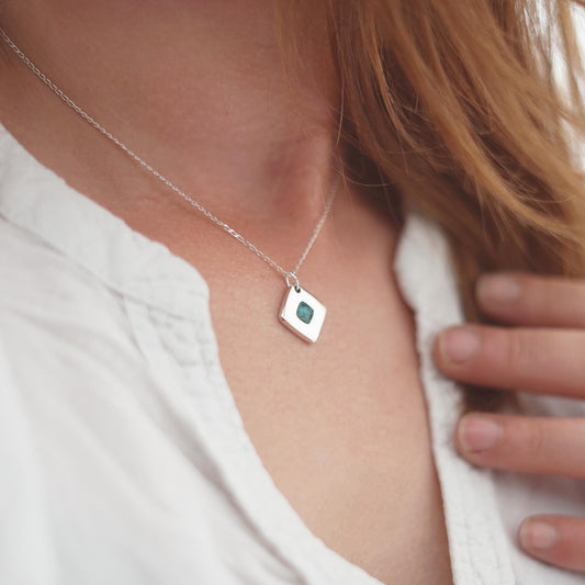 925 Silver square necklace with deep teal enamel | Handmade minimalist and elegant pendant