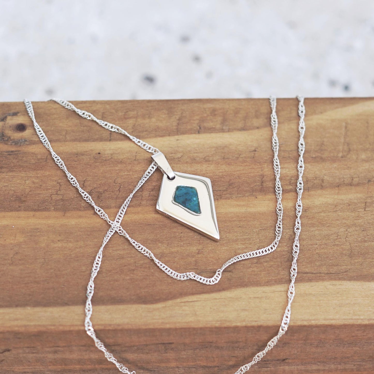 925 Silver diamond shaped necklace with deep teal enamel | Handmade minimalist and elegant pendant