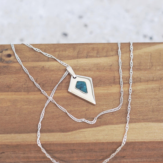 925 Silver diamond shaped necklace with deep teal enamel | Handmade minimalist and elegant pendant