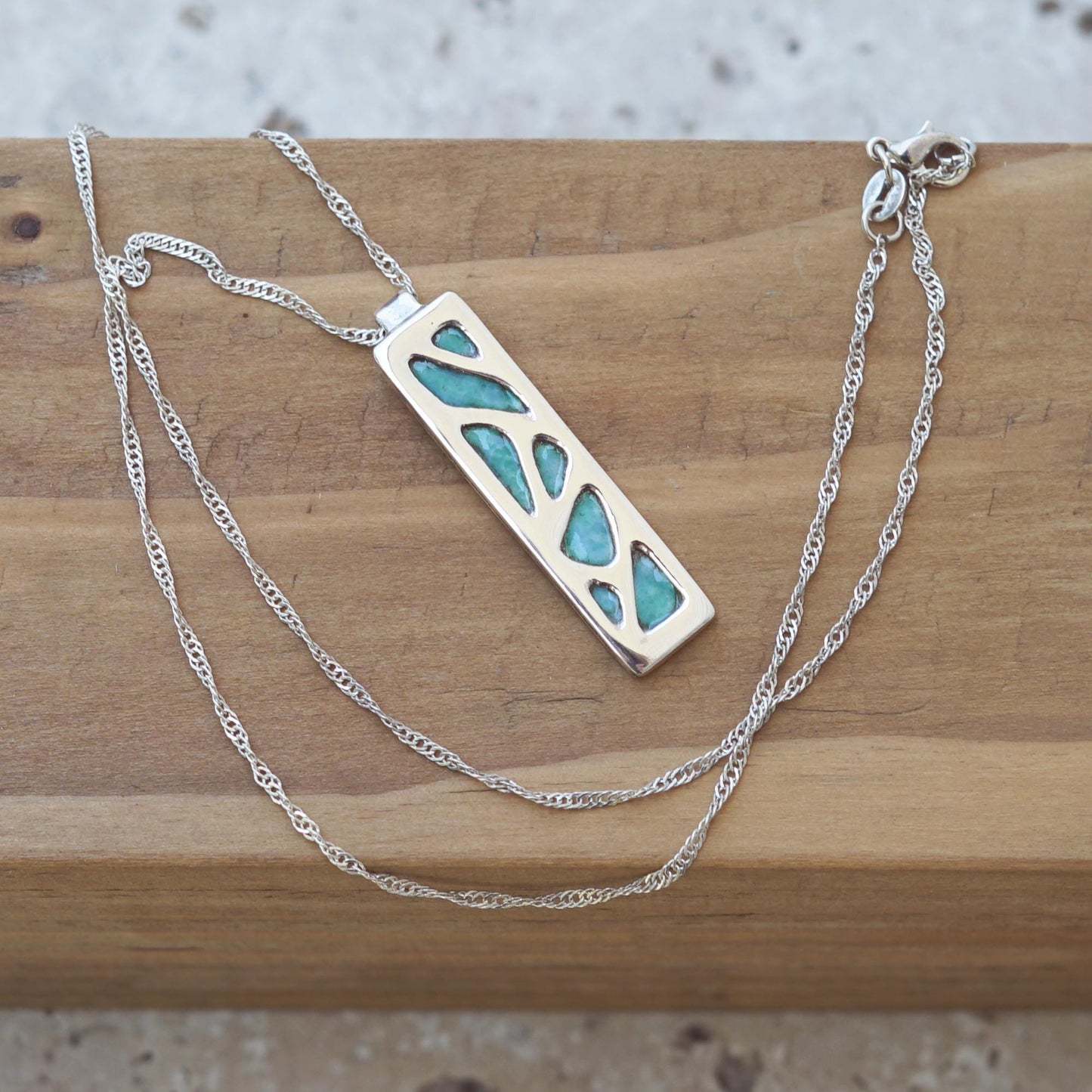 Rectangle Silver Pendant | Abstract Pattern with Turquoise Enamel | Handmade 925 Silver Necklace