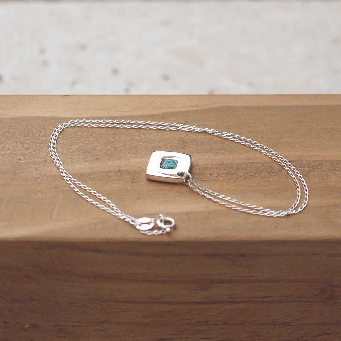 925 Silver square necklace with deep teal enamel | Handmade minimalist and elegant pendant