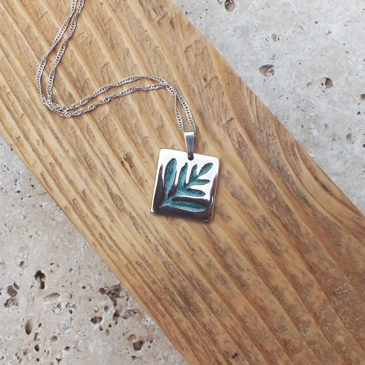 Fern Leaf Pendant with Turquoise Enamel | .925 Sterling Silver Handmade Necklace