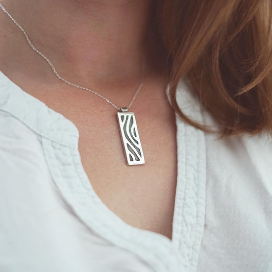Sterling Silver Tree Bark Necklace: Handmade Rectangular Pendant