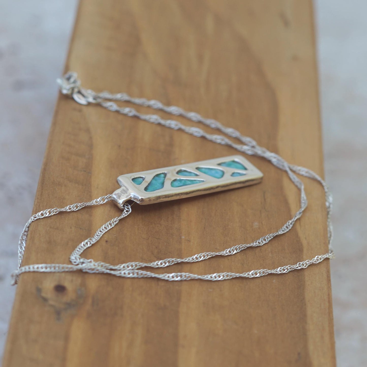 Rectangle Silver Pendant | Abstract Pattern with Turquoise Enamel | Handmade 925 Silver Necklace