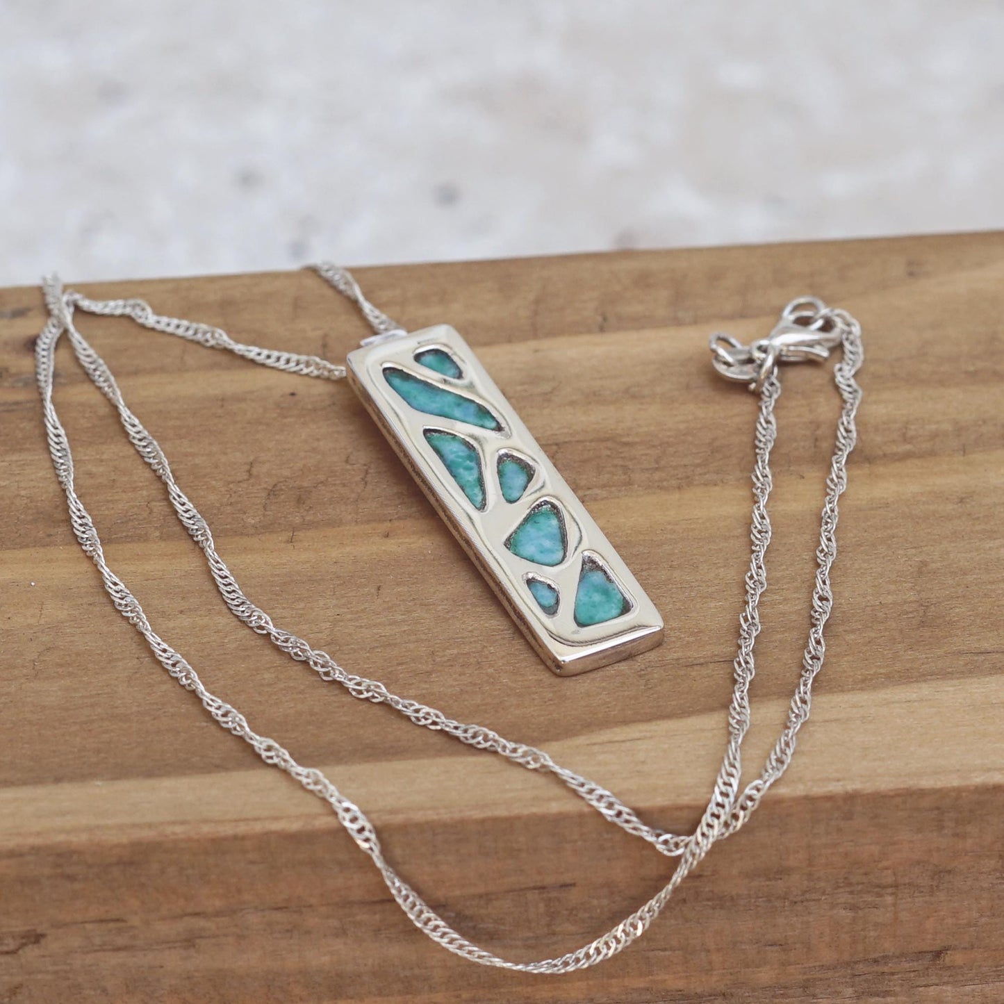 Rectangle Silver Pendant | Abstract Pattern with Turquoise Enamel | Handmade 925 Silver Necklace