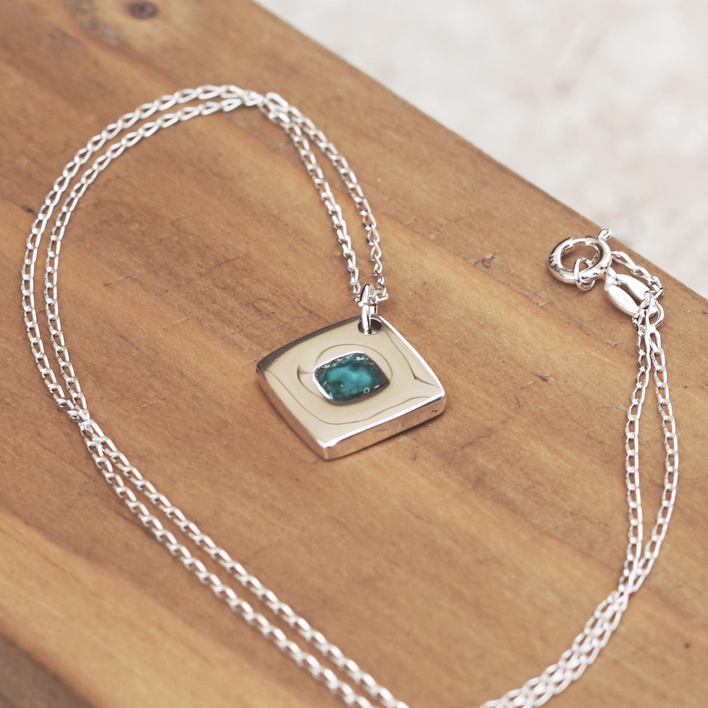 925 Silver square necklace with deep teal enamel | Handmade minimalist and elegant pendant