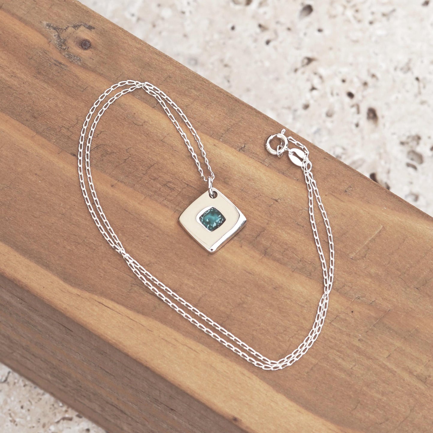 925 Silver square necklace with deep teal enamel | Handmade minimalist and elegant pendant