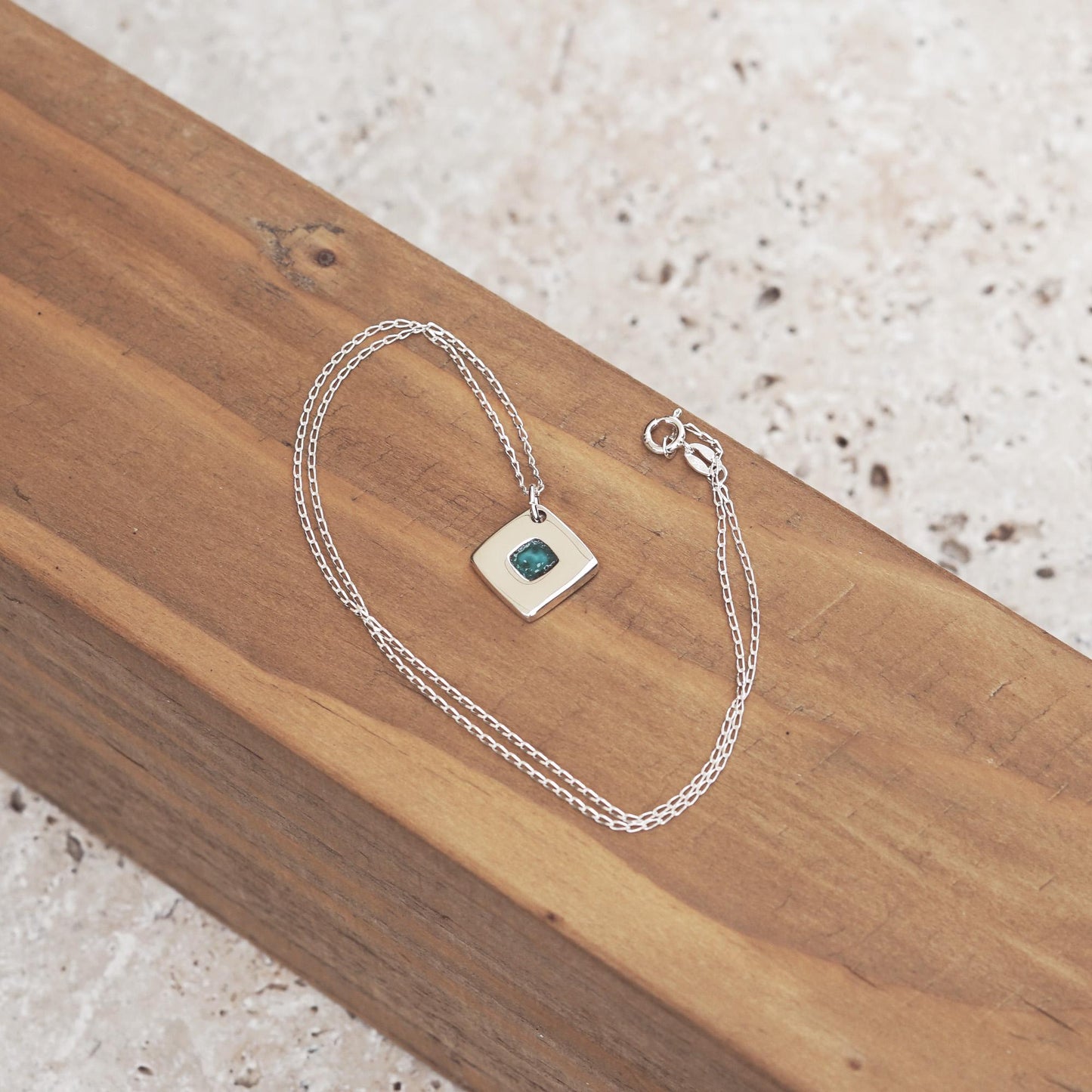 925 Silver square necklace with deep teal enamel | Handmade minimalist and elegant pendant