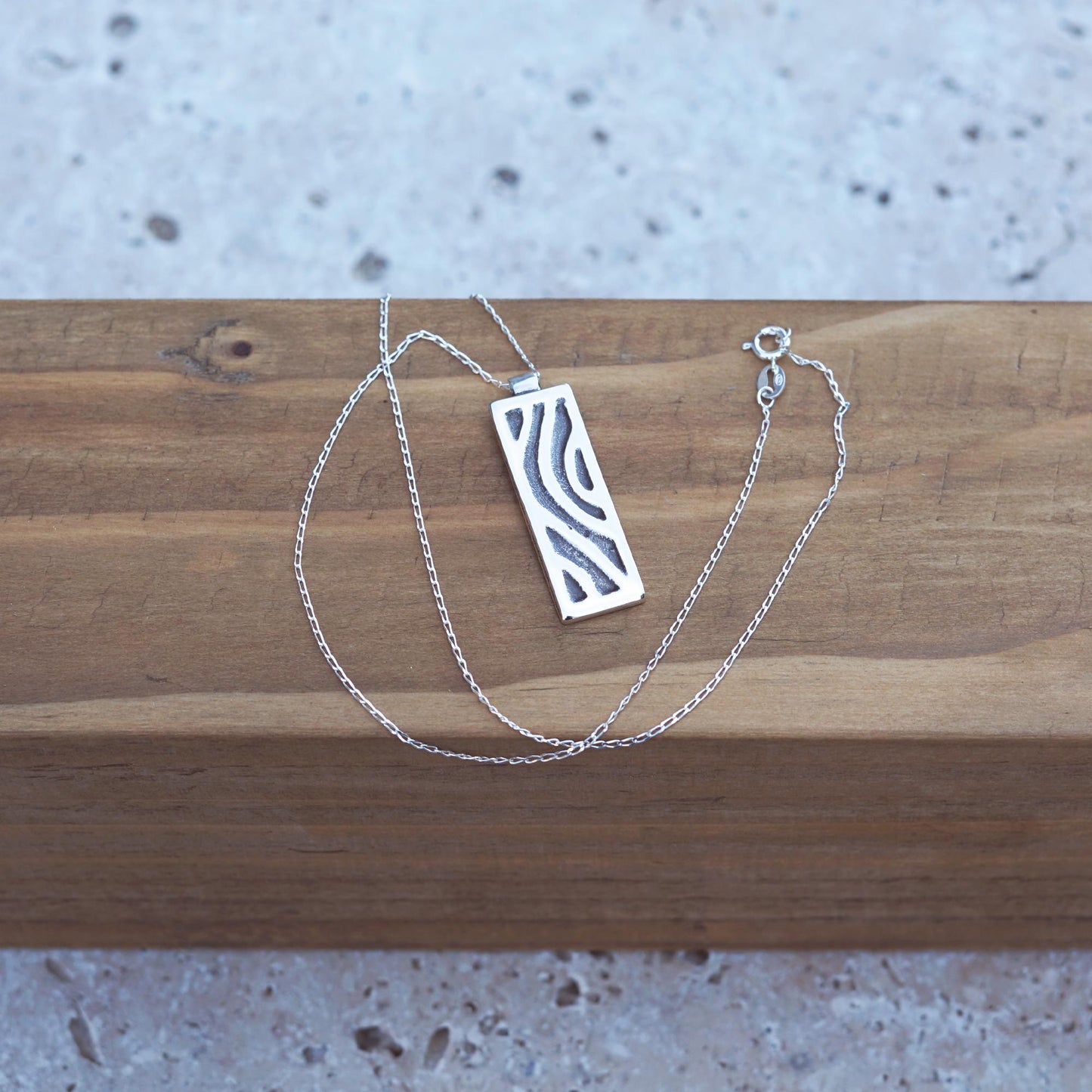 Sterling Silver Tree Bark Necklace: Handmade Rectangular Pendant