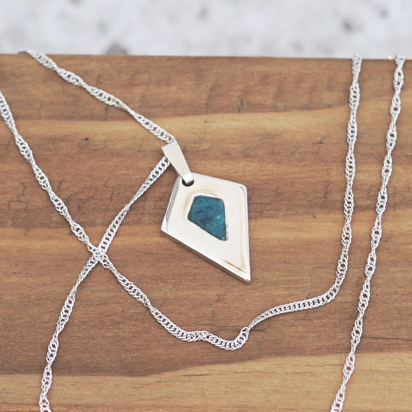 925 Silver diamond shaped necklace with deep teal enamel | Handmade minimalist and elegant pendant