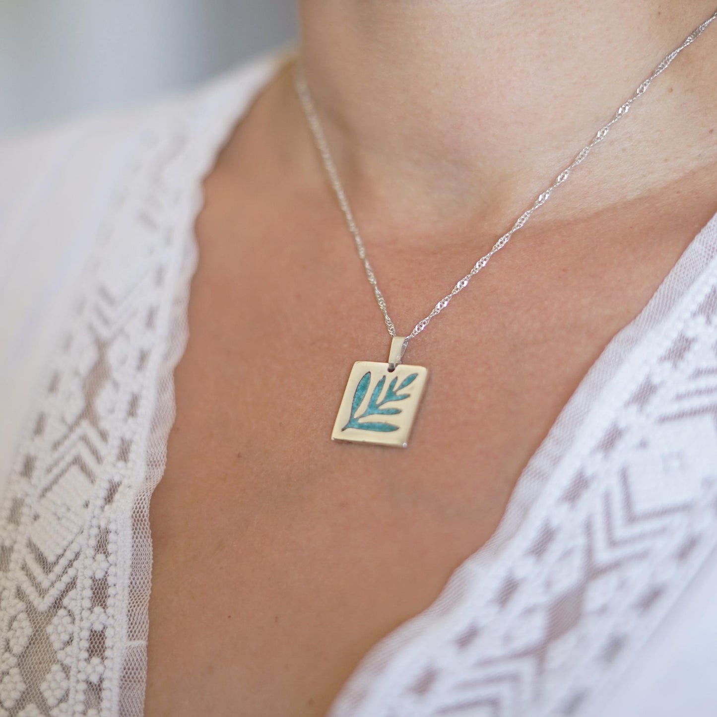 Fern Leaf Pendant with Turquoise Enamel | .925 Sterling Silver Handmade Necklace
