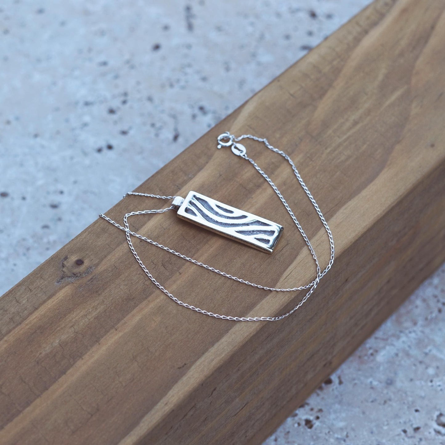 Sterling Silver Tree Bark Necklace: Handmade Rectangular Pendant